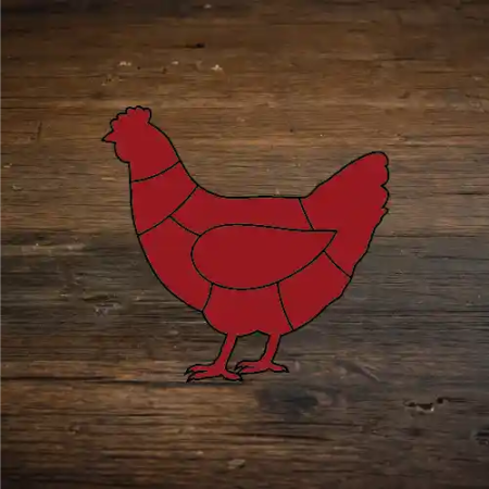 rote Illustration von einem Huhn in verschiedene Fleischcuts unterteilt der Brustbereich ist auf dunklem Holzhintergrund