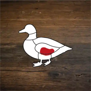 Weiße Illustration einer Ente unterteilt in verschiedene Fleischcuts vor braunem Holzhintergrund. Rot markiert ist der Magen.