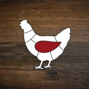 weiße Illustration von eines Huhns in verschiedene Fleischcuts unterteilt der Flügelbereich ist rot eingezeichnet auf dunklem Holzhintergrund