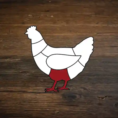 weiße Illustration von eines Huhns in verschiedene Fleischcuts unterteilt der Keulenbereich ist rot eingezeichnet auf dunklem Holzhintergrund